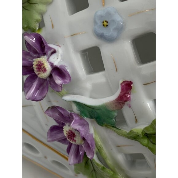 Antique Large Porcelain Floral Footed Centerpiece Bowl encrusted Rose & Leaf - Picture 14 of 16